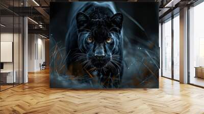 A jet black panther with a low stance and alert ears, shadowing through the night, symbolizing mystery and secrecy, Wall mural