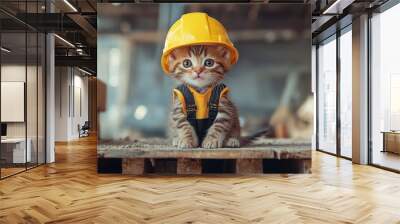 A kitten dressed as a builder at a construction site with safety helmet Wall mural