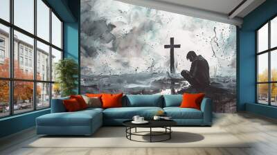 A man kneels and prays in front of a cross Wall mural