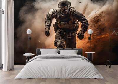 a military soldier running into fire Wall mural