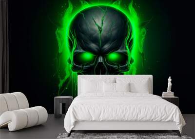 A neon skull with green eyes on a black background. Generative AI Wall mural