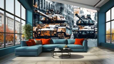 a painting of two tanks in the city Wall mural