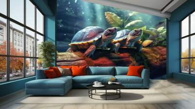 A pair of turtles basking on a log in a terrarium, representing the calm and low-maintenance nature of keeping turtles as pets.  Generative AI technology. Wall mural