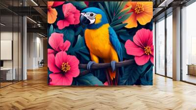 A pattern of stylized jungle animals like monkeys and parrots, created with bold geometric shapes and vibrant colors, isolated on a pastel blue background, Wall mural