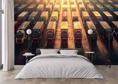 A photorealistic photograph of an array of trucks lined up in perfect symmetry Wall mural