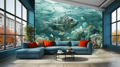 A polluted ocean with dead fish surrounded by plastic waste, highlighting the impact on marine life. Wall mural