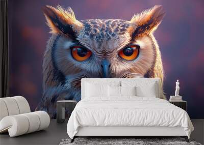 A portrait of a wise owl, isolated on a pastel lavender background, with its large, expressive eyes staring directly ahead, Wall mural