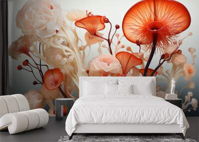 A portrayal of submerged buildings adorned with vibrant coral formations, showcasing the fascinating fusion of architecture and marine life.  Wall mural