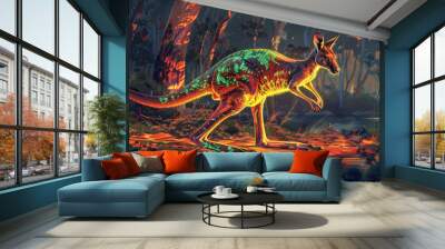 A red kangaroo with glowing green and yellow patches hopping in the vast outback. surrounded by eucalyptus trees illuminated from afar. The scene is captured in a hyperrealistic style Wall mural