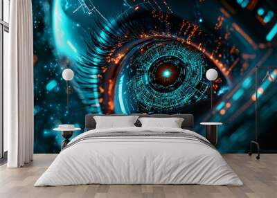 A robotic eye with a microchip iris. surrounded by intricate. glowing circuitry patterns.  Wall mural