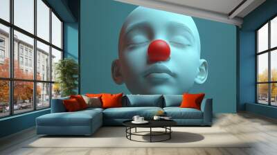 A serene face with closed eyes and a red clown nose reflects a whimsical blend of innocence and humor against a soft blue backdrop Wall mural