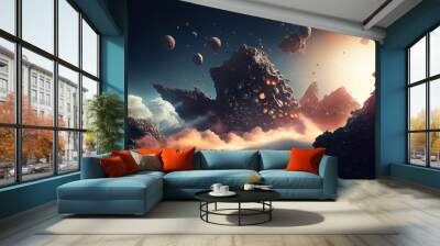 A surreal landscape of floating asteroids and shimmering dust clouds. Generative AI technology. Wall mural