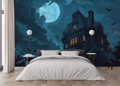 A towering, haunted mansion bathed in the light of a full moon, with dark clouds swirling overhead. Wall mural