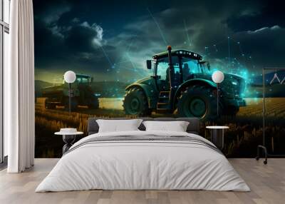 a tractor in an agricultural field with smart phone screen and electricity lines Wall mural