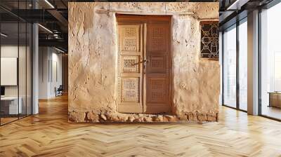 A traditional wooden door on the wall of an old mud house in Alula Wall mural