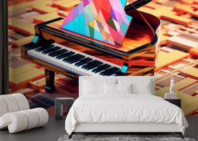 A trending image showcases an abstract geometric representation of a piano, with its keys depicted as a series of intersecting geometric shapes in various vibrant colors, Generative AI technology Wall mural