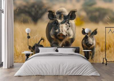 A warthog family foraging for roots, their tails erect and tufted with excitement, Wall mural