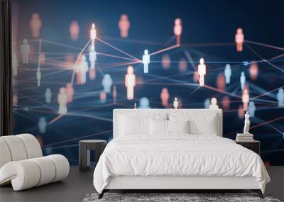 Abstract digital network with people icons connecting to each other on dark blue background. Social media and technology concept  Wall mural