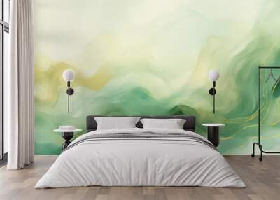 abstract watercolor background illustration, pastel green color and gold marble lines. AI generative Wall mural