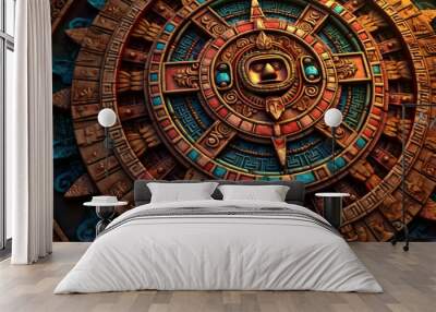 An abstract portrayal of the Aztec calendar, with circular patterns and vibrant hues.  Wall mural