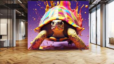 An abstract surreal photograph of a Tortoise splashed in bright paint, contemporary colors and mood social background.  Generative AI technology. Wall mural