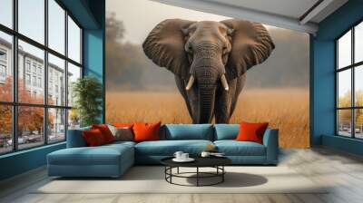 An African elephant in the wild, isolated on a pastel beige background, showcasing its grandeur and wisdom, Wall mural