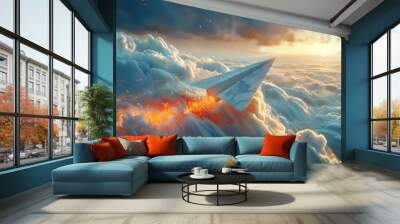 An animation of a paper airplane taking off and flying higher and higher, symbolizing a successful business venture, Wall mural