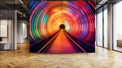 An immersive photograph of a tunnel illuminated with vibrant and dynamic colors, creating a mesmerizing light show.  Generative AI technology. Wall mural