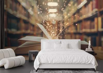 An open book with glowing letters flying out of it on a wooden table in the library  Wall mural