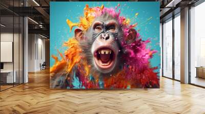 An vibrant photograph of a Monkey splashed in bright paint, contemporary colors and mood social background.  Generative AI technology. Wall mural