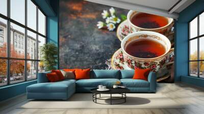 Antique tea cups containing Earl Grey soup. Vintage tea room backdrop. with space for text  Wall mural