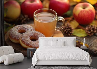 Apple cider donuts and warm cider in the garden Wall mural