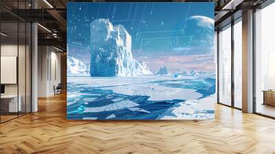 Arctic tundra with icebergs shaped like computer chips and snow drifts blending into digital waveforms  Wall mural