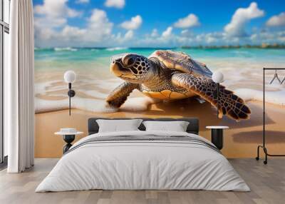 Baby sea turtle on a tropical sandy beach Wall mural