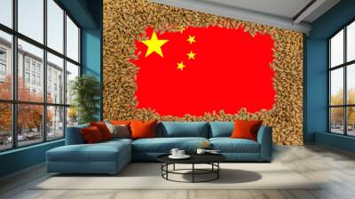 Rectangular frame of ripe grains of wheat on the background of the flag of China. The largest grain exporter in the world Wall mural