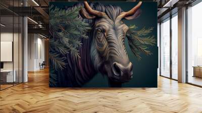 Beautiful abstract, Wildebeest on autumn leaves background. Generative AI technology. Wall mural