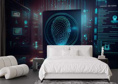 BEAUTIFUL abstract Over the server room is a picture of data processing with a fingerprint icon. Conceptual depiction of global technology and a digital interface Wall mural