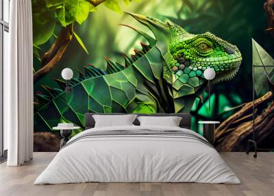 Beautiful abstract surreal geometric green iguana concept, contemporary colors and mood social background. Wall mural