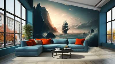 beautiful fabulous sea and sky landscape, art illustration Wall mural