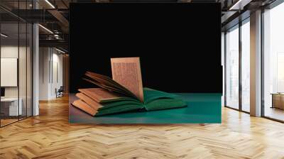 Beautiful open book in the color light on a table and night background. Wall mural