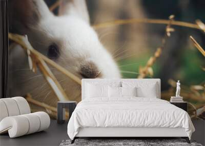 Beautiful young white rabbit on a straw, hay, background. Wall mural