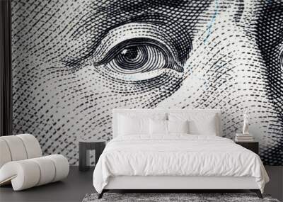 Benjamin Franklin's eyes from a hundred-dollar bill. The eyes of Benjamin Franklin on the hundred dollar banknote, backgrounds, close-up. 100 dollar bill with only eyes of Benjamin Franklin. Wall mural