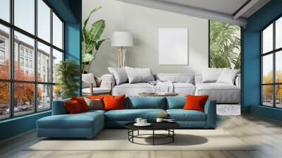 blank canvas mock up in modern living room interior with gray sofa, wooden furniture and palm tropic Wall mural