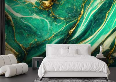 Abstract marble textured background. Fluid art modern wallpaper. Marbe gold and green surface Wall mural