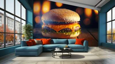 Beautiful cheeseburger closeup, blurry bokeh background. AI Wall mural