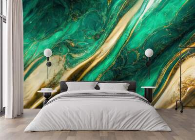 Green and gold marble background. Fluid art modern wallpaper. Wall mural