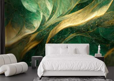 Green and gold marble texture. Luxury abstract fluid art paint wallpaper. AI Wall mural