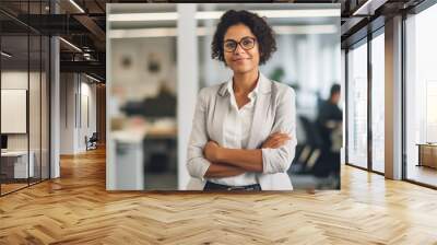 Portrait of a business woman, beautiful confident woman indoors background. AI Wall mural