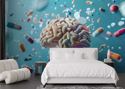 Brain full of pills. Addiction to drugs, medications for depression and mental illness Wall mural