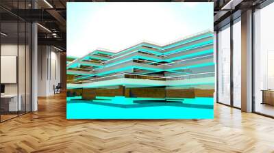 Bright tropical sun behind a luxurious private hotel built in the suburbs of Riyadh. Huge turquoise pool. 3D rendering. Wall mural